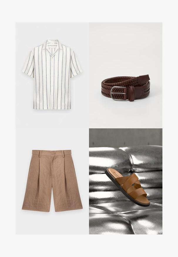 Chemise blanche à manches courtes avec boutons, dotée de fines rayures verticales noires et bleues, et d'un col camp, présentée sur un fond uni.; Shorts beige coupés sur mesure, longueur genou, avec passants de ceinture, plis à l'avant, poches latérales et taille ajustée sur fond blanc.; Sandale slide en cuir marron avec deux larges brides et une semelle noire flottant au-dessus d'une surface capitonnée argent métallique brillante.; Ceinture en cuir tressé marron avec une boucle en métal argenté, présentant des bords lisses et une surface texturée. Comprend un empiècement en cuir.