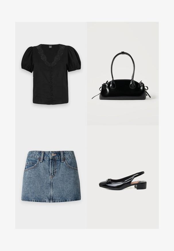 Zwarte blouse met pofmouwen, V-hals met kantdetail en gevoerde knopen aan de voorkant. Gemaakt van lichtgewicht stof, met een soepele textuur.; Denim mini-jurk in een medium blauwe wash, met een aansluitende taille, voorzakken en subtiele stiksels. Glad, gestructureerd stoffenafwerking.; Zwarte lak leren slingback-schoen met lage blokhak en klein strikdetail op de afgeronde neus, zijaanzicht op witte achtergrond.; Kleine zwarte glanzende handtas met twee lange hengsels en zijkant trekkoord details op een effen lichte achtergrond.