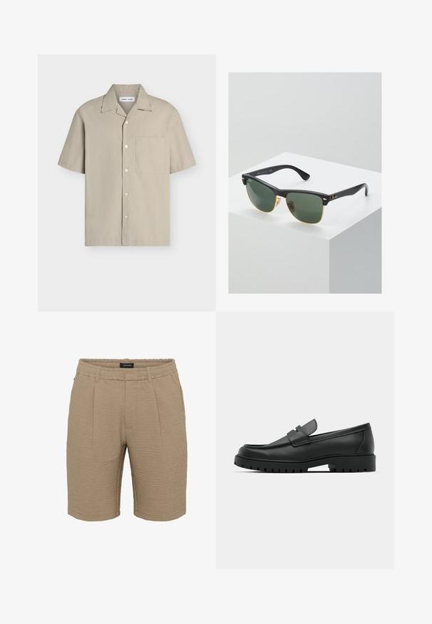Beiges kurzärmliges Hemd mit Knopfleiste, spitzem Kragen und linker Brusttasche, flach auf weißem Hintergrund liegend.; Beige Shorts aus strukturiertem Stoff mit einer zerknitterten Oberfläche, einem elastischen Bund und zwei vorderen Falten.; Schwarze Lederloafer mit runder Zehenform, ausgestattet mit einem gesteppten Design, niedrigem Plattformsohle und einer strukturierten, genoppten Gummisohle.; Ray-Ban Sonnenbrillen mit grünen Gläsern, schwarzen Kunststoffrahmen und goldenen Akzenten an den Rändern. Quadratische Form mit matter Oberfläche.