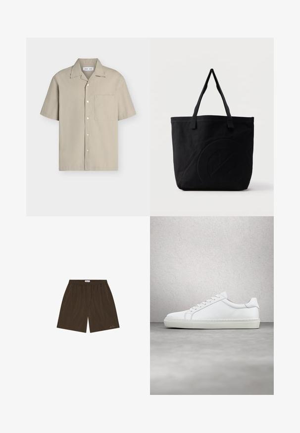 Chemise beige à manches courtes avec boutons, col pointu et poche poitrine gauche, posée à plat sur un fond blanc.; Shorts décontractés marron avec taille élastique, poches latérales et logo discret de la marque près de l'ourlet sur la jambe droite.; Sneaker blanche avec une tige en cuir lisse et un profil bas. Présente un bout arrondi, six œillets et une semelle en caoutchouc texturé.; Sac fourre-tout en toile noire avec deux bandoulières et un motif circulaire discret en relief sur le devant.
