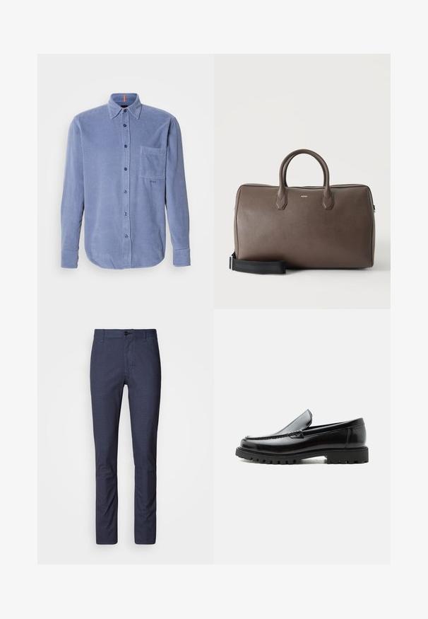 Blauwe corduroy button-up shirt met een zak op de linkerkant van de borst, lange mouwen en een afgeronde zoom. De stof heeft een ribbelige structuur.; Donkerblauwe broek in een slim fit met een subtiel textuurpatroon, voorzien van een knoopsluiting en traditionele zakken. Glad stoffen afwerking.; Zwarte leren loafer met dikke rubberen zool, gestikte bovenkant en gegraveerde merknaam op de hiel, zijaanzicht op witte achtergrond.; Bruine leren duffeltas met twee handvatten, een zwarte verstelbare schouderriem en een klein "BOSS" logo middenvoor.
