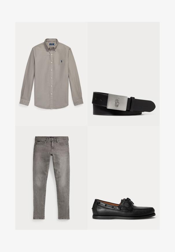 Hellgraues, langärmliges Hemd mit Knopfleiste, Kragen und blauem Polo Ralph Lauren Sticklogo auf der linken Brust.; Graue Denim-Jeans, Slim-Fit, mit geraden Beinen. Verfügt über das klassische Fünf-Taschen-Design, Nähdetails und eine leicht verblichene Textur.; Schwarzer Ledermokassin mit Schnürdetail und flacher Gummisohle, seitlich auf hellem Hintergrund gezeigt.; Schwarzer Leder-Gürtel mit einer rechteckigen silbernen Metall-Schnalle, die ein geprägtes Reiter-Logo trägt, glatter Textur und fünf Gürtellöchern.