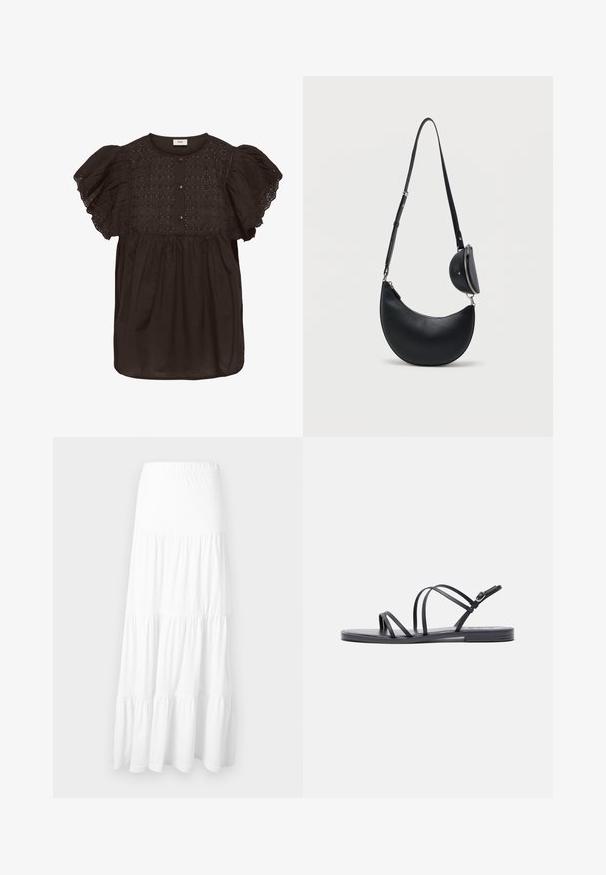 Blouse noire à manches courtes avec broderie anglaise sur le devant, trois boutons au niveau de l'encolure, et manches bouffantes bordées de dentelle.; Jupe longue à volants blanche avec ceinture élastique, réalisée en tissu léger, adaptée pour un usage décontracté.; Sandales plates noires avec plusieurs fines lanières, design épuré, bout ouvert et boucle ajustable à la cheville. Texture lisse et style minimaliste.; Sac bandoulière en cuir noir en forme de croissant avec une longue sangle réglable et une petite pochette ronde zippée attachée près de la sangle.