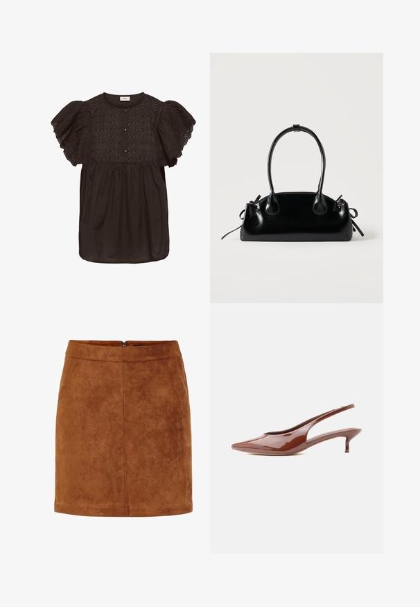Blusa negra de manga corta con bordado de ojales en el frente, tres botones en el escote y mangas abullonadas con borde de encaje.; Minifalda de ante marrón con una textura suave, corte recto y un discreto cierre de cremallera en la parte trasera. Presenta detalles de costura para darle estructura.; Zapato slingback marrón brillante con tacón bajo y delgado estilo kitten heel, punta afilada, sobre fondo blanco.; Pequeño bolso negro brillante con dos asas largas y detalles de cordón lateral sobre un fondo claro liso.