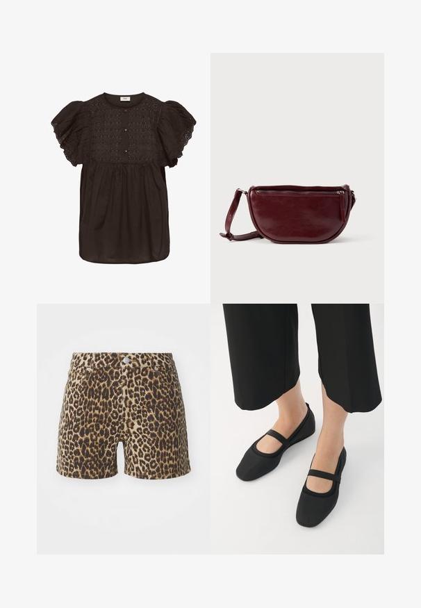Zwarte blouse met korte mouwen en eyelet borduursel aan de voorkant, drie knopen bij de halslijn, en geplooide kanten mouwen.; Luipaardafdruk shorts in tan en bruine tinten, met zakken, een knoopsluiting en een aansluitend ontwerp. Gemaakt van lichte stof.; Zwarte ballerina's van glad materiaal, met een ronde neus en een contrasterende band over de wreef. Plat zool, minimalistisch ontwerp.; Dieprode lederen handtas met een halve-maansvorm, een ritssluiting en een afneembare riem. Gladde textuur met een subtiele glans.