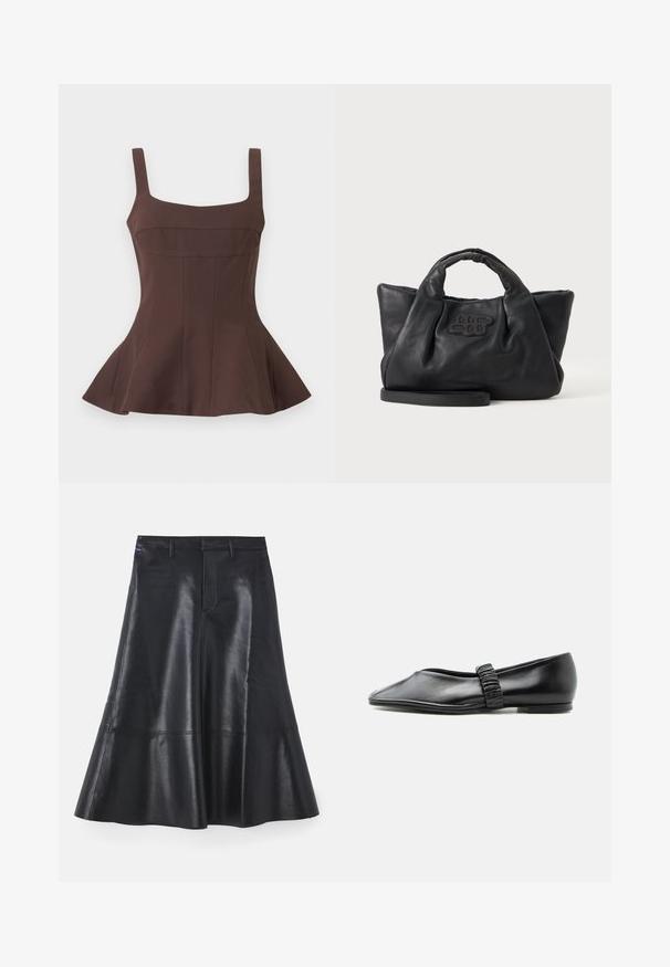 Top peplum marrón sin mangas con escote cuadrado y cuerpo ajustado, con detalles de costuras verticales y dobladillo acampanado.; Falda de piel negra con un diseño acampanado, de longitud media, que presenta una textura suave y detalles de costura discretos a lo largo del dobladillo.; Zapato plano de cuero negro con una correa fruncida en la parte superior y una punta ligeramente afilada, mostrado sobre un fondo liso.; Bolso de mano de cuero negro y suave con asas cortas, una correa desmontable y un logo cosido en el frente, sobre un fondo liso y claro.