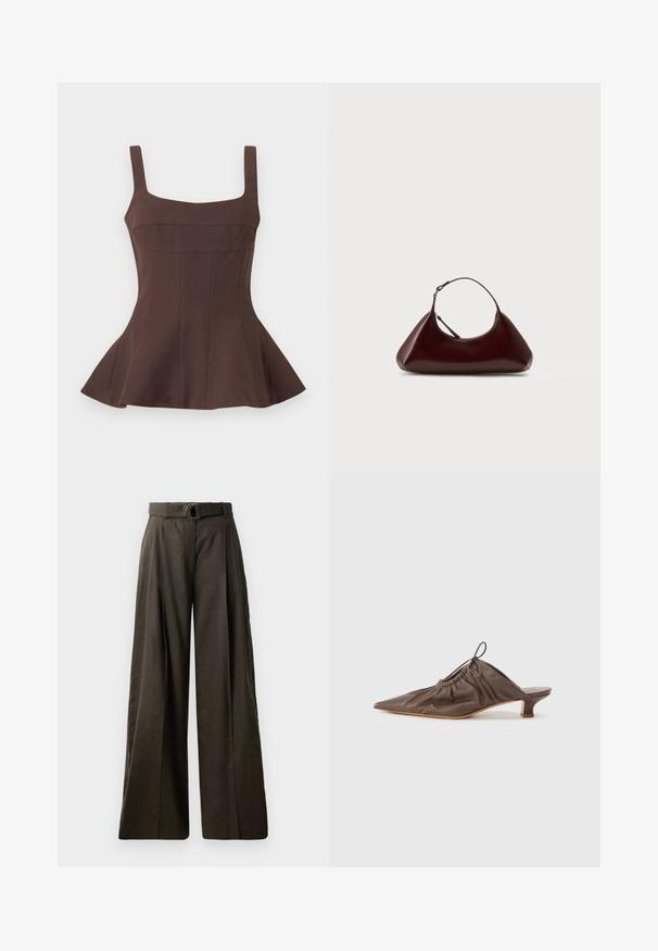 Haut péplum marron sans manches avec encolure carrée et corsage ajusté, présentant des détails de coutures verticales et un ourlet évasé.; Pantalons taille haute à jambe large en tissu marron foncé avec une texture lisse. Comprend une ceinture assortie avec une boucle circulaire et un design plissé.; Mule en cuir marron avec un bout pointu, texture froncée, petit talon et un accent de cordon de serrage à l'ouverture. Fini lisse.; Sac à main en cuir triangulaire marron foncé avec une seule courte sangle et une fermeture éclair sur un fond clair uni.