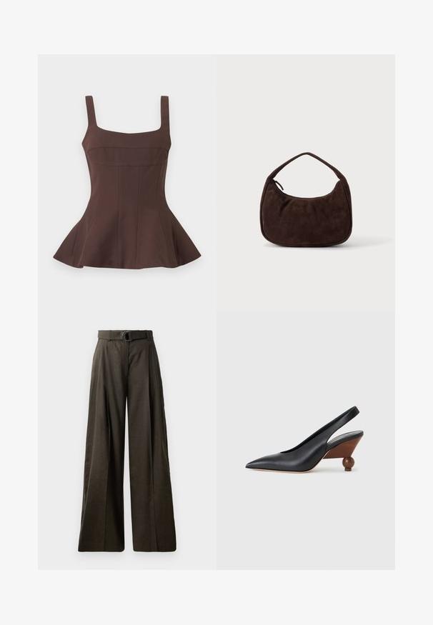 Haut péplum marron sans manches avec encolure carrée et corsage ajusté, présentant des détails de coutures verticales et un ourlet évasé.; Pantalons taille haute à jambe large en tissu marron foncé avec une texture lisse. Comprend une ceinture assortie avec une boucle circulaire et un design plissé.; Chaussure à bout pointu noire avec bride arrière, talon bloc arrondi en bois et dessus en cuir lisse sur fond gris clair.; Sac à main en daim marron foncé avec une courte sangle et une forme rectangulaire arrondie sur un fond uni clair.