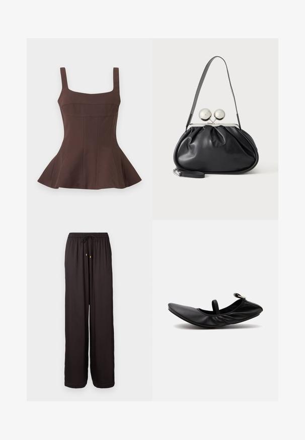 Top peplum marrón sin mangas con escote cuadrado y cuerpo ajustado, con detalles de costuras verticales y dobladillo acampanado.; Pantalones negros holgados con cintura elástica y cordón con puntas en tono dorado, de largo completo y corte recto.; Zapatilla ballet plana de cuero negro plegado con una sola tira y hebilla plateada sobre un fondo claro y liso.; Bolso de mano de cuero negro con diseño fruncido, una sola correa, marco metálico plateado y dos cierres grandes redondos de plata.