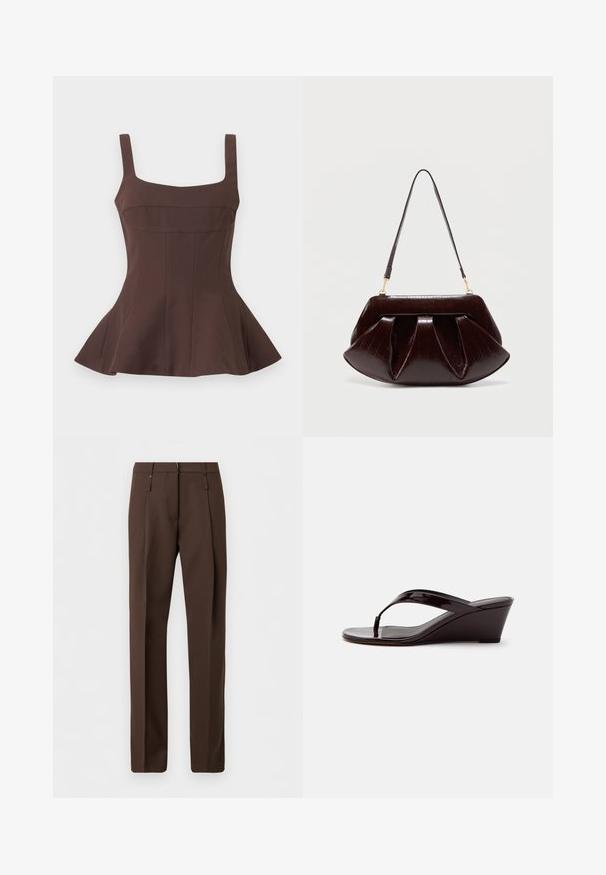 Haut péplum marron sans manches avec encolure carrée et corsage ajusté, présentant des détails de coutures verticales et un ourlet évasé.; Pantalon marron sur mesure à jambes droites, doté de passants pour ceinture et de plis sur le devant, présenté sur un fond blanc uni.; Sandale compensée en cuir verni marron avec bride entre les orteils et bout ouvert, vue de profil sur un fond uni.; Sac à main en cuir marron foncé avec plis froncés, ferrures dorées et une seule bandoulière, sur un fond clair uni.