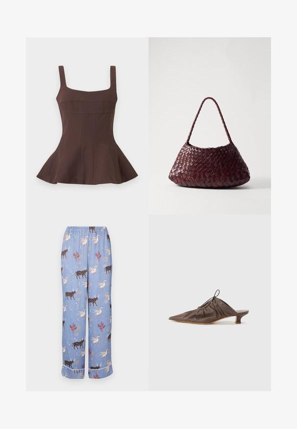 Bruine mouwloze peplumtop met vierkante halslijn en aansluitend lijfje, voorzien van verticale naaddetails en een uitlopende zoom.; Blauwe pyjamabroek met een speels patroon van koeien, mythische wezens en hemellichamen; elastische tailleband en wijde pijpen.; Bruine leren muil met een puntige neus, geraffineerde textuur, kleine hak en een trekkoordaccent bij de opening. Vlotte afwerking.; DRAGON DIFFUSION ROSANNA - Handtas - bruciato