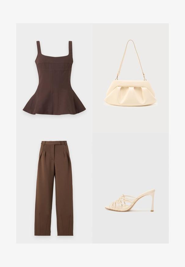 Haut péplum marron sans manches avec encolure carrée et corsage ajusté, présentant des détails de coutures verticales et un ourlet évasé.; Pantalons marron en tissu lisse, avec une taille haute, des plis avant et une coupe décontractée. Comprend des poches latérales et des jambes fuselées.; Mules à talons hauts beiges avec un design à lanières. Présentent un bout carré, une texture lisse et un talon élancé avec un accent doré à la base.; Sac à main en cuir couleur crème avec des plis froncés, des ferrures dorées, et une seule bandoulière fine sur un fond uni.