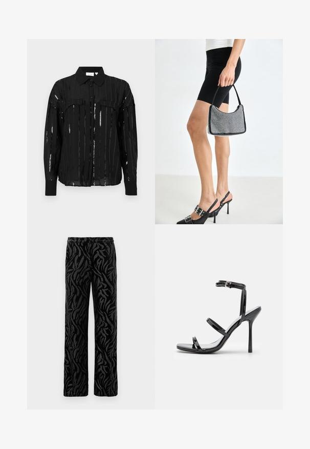 Schwarze Hemdjacke mit gestreiftem, durchscheinendem Stoff und metallischen Akzenten. Mit Kragen, zwei Brusttaschen und langen, umgeschlagenen Ärmeln.; Schwarze Hose mit einem strukturierten, wirbelnden Muster. Aus weichem Material mit geradem Schnitt und elastischem Bund für besonderen Komfort.; Schwarze Lackleder-High-Heel-Sandalen mit drei horizontalen Riemen und einem verstellbaren Knöchelriemen. Schlanke Silhouette und glänzende Oberfläche.; Schwarze Perlen-Handtasche mit geschwungener Silhouette, Tragegriff und glänzender Textur. Kombiniert mit schwarzen High Heels und enganliegenden schwarzen Shorts.