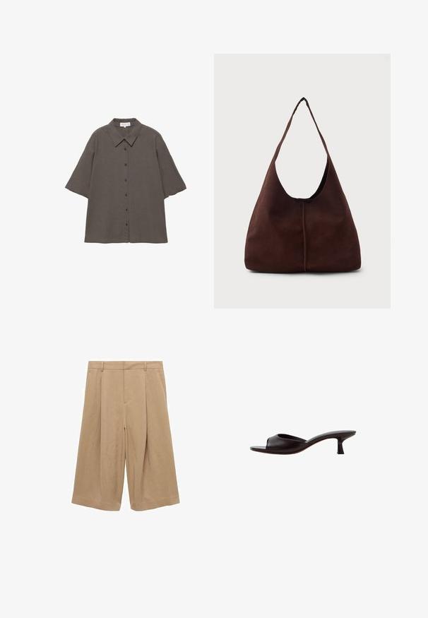 Kurzärmliges Hemd mit Knopfleiste in gedämpftem Olivgrün mit spitzem Kragen und legerer Passform, flach auf weißem Hintergrund dargestellt.; Beige Culottes aus leichtem Stoff, mit weitem Bein, flachem Vorderteil, zwei Seitentaschen und glatter Textur.; Schwarze offene Mule-Sandale mit niedrigem geschwungenem Absatz und glattem Lederobermaterial vor weißem Hintergrund.; Braune Wildleder-Hobo-Tasche mit einer großen, geschwungenen Öffnung und einem breiten Schulterriemen. Sie verfügt über eine mittige Naht auf der Vorderseite. Glatte Textur.
