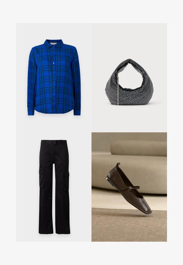 Blåternet button-up skjorte med lange ærmer og krave. Mønstret har sorte og grønne linjer og er lavet af et glat stof.; Sorte cargo bukser lavet af slidstærkt stof, med to sidelommer og et lige ben-design. Glat tekstur med en klassisk pasform.; Mørkebrune læder Mary Jane flade sko med en lille spænde, placeret opret på et beige tæppe foran en lysefarvet sofa.; Sort mesh håndtaske prydet med sølvnitter, udstyret med et buet håndtag og en kædetraspe. Blød tekstur med en rund form.