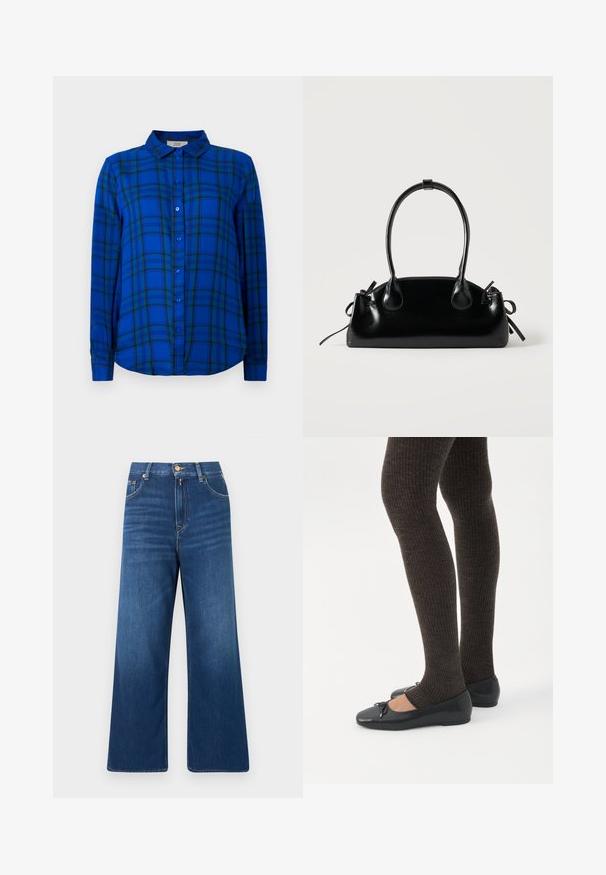 Chemise à carreaux bleue à boutons, avec des manches longues et un col. Le motif présente des lignes noires et vertes, confectionnée dans un tissu lisse.; Jean en denim bleu à jambes larges avec taille haute, fermeture avant par bouton et zip, et poches avant et arrière.; Jambes portant des leggings côtelés foncés associés à des ballerines noires avec de petits détails en nœud sur fond blanc.; Petit sac à main noir brillant avec deux longues anses et des détails à cordon sur les côtés sur un fond clair uni.