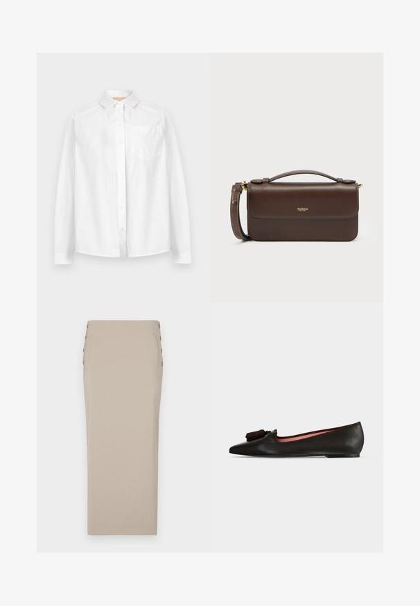 Weißes langärmliges Hemd mit Knöpfen, Kragen und Brusttasche, vor einem schlichten hellen Hintergrund präsentiert.; Beige Bleistiftrock aus glattem Stoff, mit seitlichen Knöpfen, einer schlanken Silhouette und ohne sichtbare Taschen oder Muster.; Schwarzer flacher Lederschuh mit spitzer Kappe und Quasten-Detail oben, mit pinkem Innenfutter und niedrigem Absatz.; Dunkelbraune Lederhandtasche von Coach mit Henkel oben, abnehmbarem Schulterriemen und goldenem Logo in der Mitte der vorderen Klappe.
