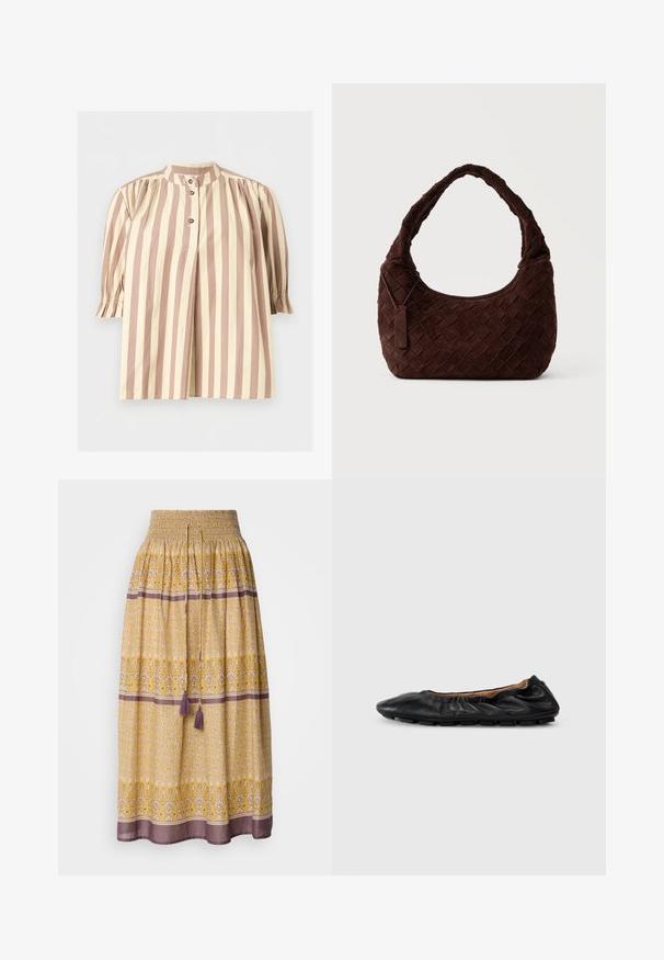 Losse blouse met beige en crèmekleurige verticale strepen, driekwartsmouwen met elastische boorden en een hoge kraag met drie knopen.; Geel maxi-jurk met smocktail, bloem- en geometrische patronen in wit en paars, voorzien van twee paarse franjes bij de taille.; Zwarte leren balletschoenen met geplooid detail bij de kraag, ronde neus en flexibele rubberen zool. Gladde textuur overal.; Donkerbruine gevlochten leren schoudertas met een zachte, afgeronde vorm en brede handgreep, met een klein aangehecht leren label.