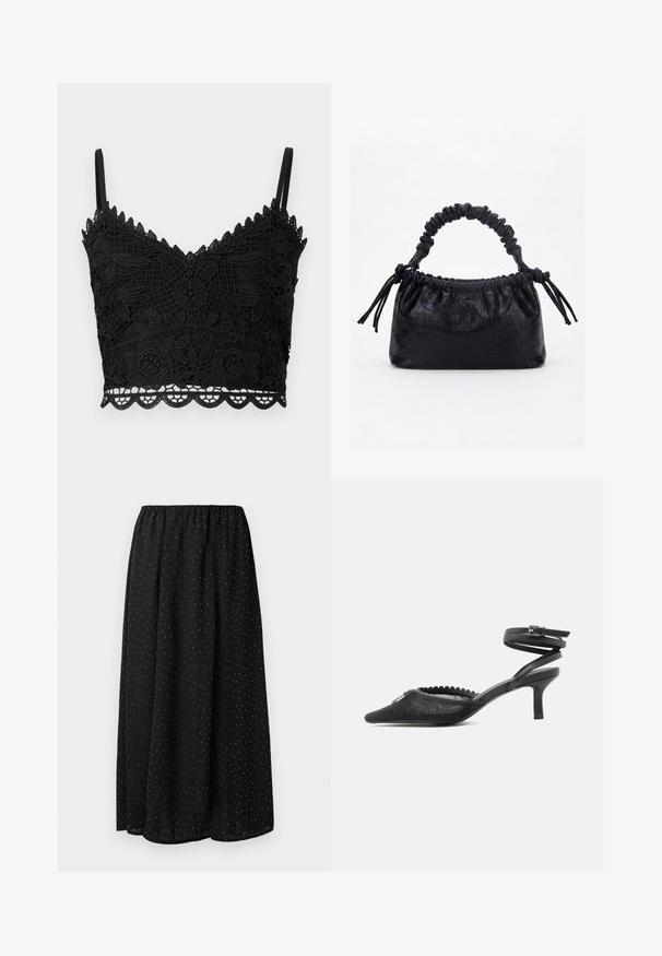 Μαύρο δαντελένιο bralette με ανθισμένο σχέδιο, κο scalloped άκρα, ρυθμιζόμενες τιράντες και υφή υφάσματος. Ελαφρύ και εφαρμοστό σχέδιο.; Μαύρη φούστα φτιαγμένη από ελαφρύ ύφασμα με ελαστική μέση. Διαθέτει σχέδιο από μικρές λευκές κουκίδες σε όλη την επιφάνεια.; Μαύρη μυτερή γοβά με τακούνι kitten, επάνω μέρος από δαντέλα, κυματιστή άκρη και λουρί αστραγάλου που τυλίγεται γύρω με αγκράφα.; Μαύρη τσάντα με υφή κροκοδείλου, με πτυχώσεις στην πάνω άκρη, μαζεμένη λαβή και κορδόνια με φούντες σε κάθε πλευρά, πάνω σε λευκό φόντο.