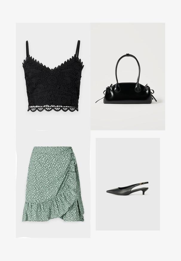 Bralette en dentelle noire avec motif floral, bords festonnés, bretelles réglables et tissu texturé. Conception légère et ajustée.; Jupe en tissu vert avec un motif à pois noirs, ourlet volé et design enroulé sur le côté. Texture lisse et matériau léger.; Chaussure slingback noire à bout pointu en cuir lisse. Présente un talon fin et un détail de boucle sur la sangle réglable.; Petit sac à main noir brillant avec deux longues anses et des détails à cordon sur les côtés sur un fond clair uni.