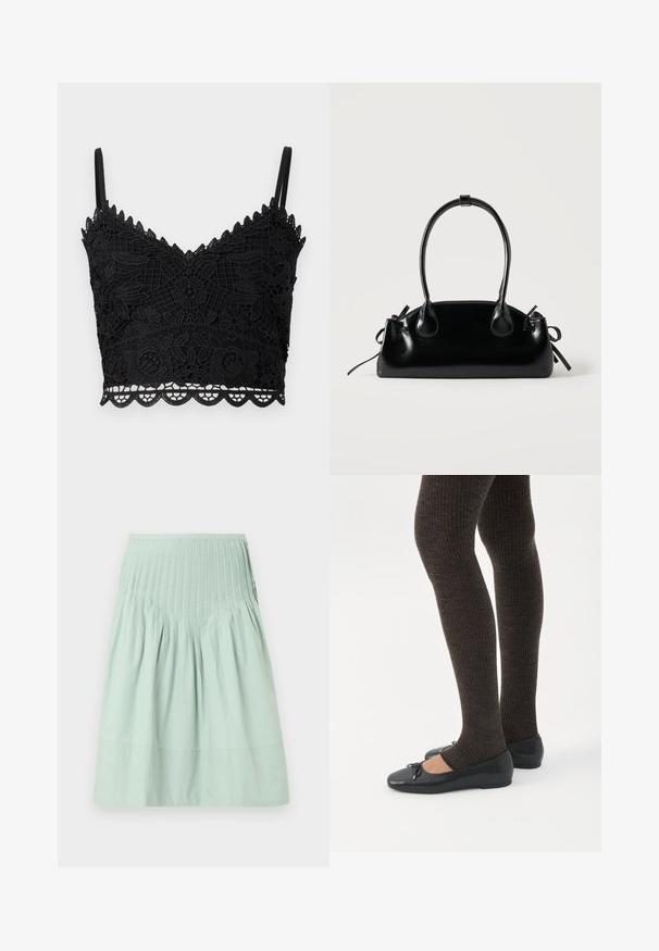 Μαύρο δαντελένιο bralette με ανθισμένο σχέδιο, κο scalloped άκρα, ρυθμιζόμενες τιράντες και υφή υφάσματος. Ελαφρύ και εφαρμοστό σχέδιο.; Φούστα από βαμβάκι σε ανοιχτό πράσινο χρώμα με σχεδιασμό με σούρες και ζώνη με πιέτες. Το τελείωμα είναι ίσιο, με ομαλή υφή και χωρίς εμφανή σχέδια.; Πόδια με σκουρόχρωμα ριμπ κολάν συνδυασμένα με μαύρα μπαλαρίνα παπούτσια με μικρές λεπτομέρειες φιόγκων σε λευκό φόντο.; Μικρή μαύρη γυαλιστερή τσάντα με δύο μακριές λαβές και λεπτομέρειες με ρυθμιζόμενο κορδόνι στο πλάι σε απλό ανοιχτό φόντο.