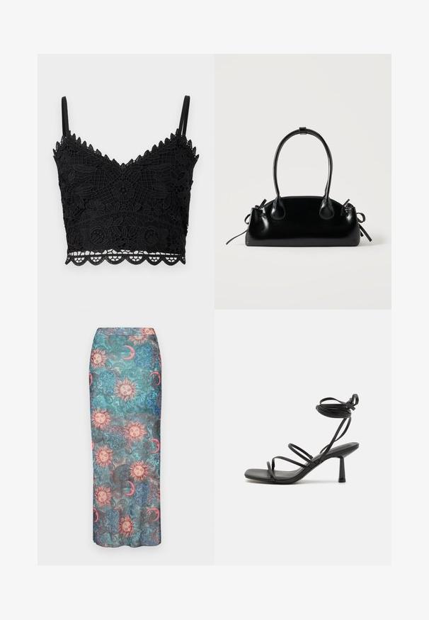 Μαύρο δαντελένιο bralette με ανθισμένο σχέδιο, κο scalloped άκρα, ρυθμιζόμενες τιράντες και υφή υφάσματος. Ελαφρύ και εφαρμοστό σχέδιο.; Μακρύ, εφαρμοστό φούστα με πολύχρωμο σχέδιο από ήλιους, φεγγάρια και περίτεχνες μοτίβες σε υφή με φόντο σε τιρκουάζ χρώμα.; Μαύρο σανδάλι με λουριά, τετράγωνη μύτη, ρυθμιζόμενους ιμάντες στον αστράγαλο και λεπτό, χοντρό τακούνι. Κατασκευασμένο από λείο, ανθεκτικό υλικό.; Μικρή μαύρη γυαλιστερή τσάντα με δύο μακριές λαβές και λεπτομέρειες με ρυθμιζόμενο κορδόνι στο πλάι σε απλό ανοιχτό φόντο.