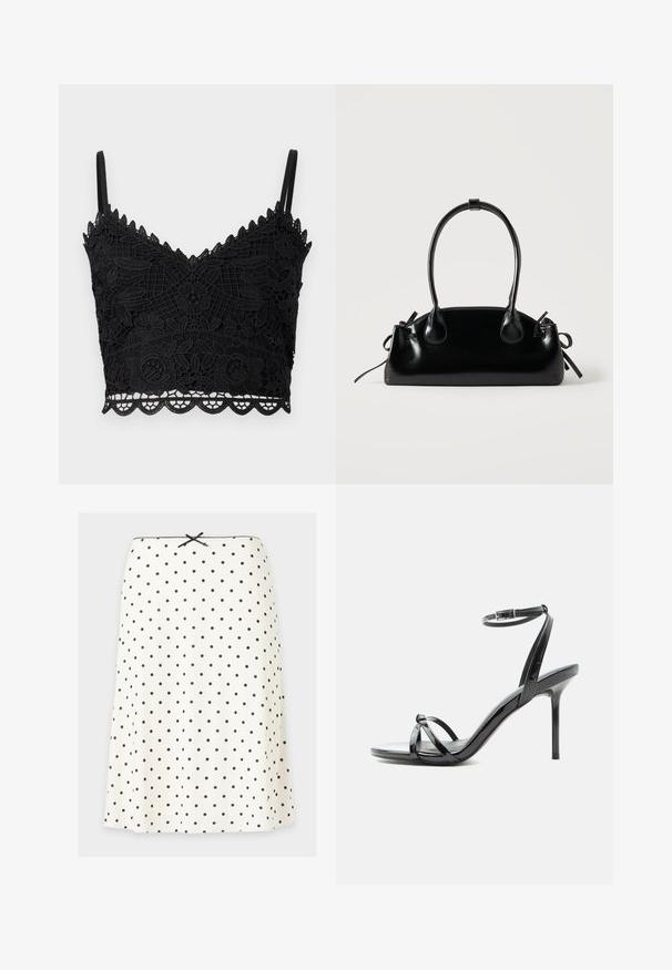 Bralette en dentelle noire avec motif floral, bords festonnés, bretelles réglables et tissu texturé. Conception légère et ajustée.; Jupe blanche trapèze à pois noirs, un petit nœud noir à la taille, et un bord festonné le long du bord supérieur.; Sandale à talon haut en cuir verni noir avec de fines lanières croisées sur les orteils et une sangle à boucle à la cheville sur fond blanc.; Petit sac à main noir brillant avec deux longues anses et des détails à cordon sur les côtés sur un fond clair uni.
