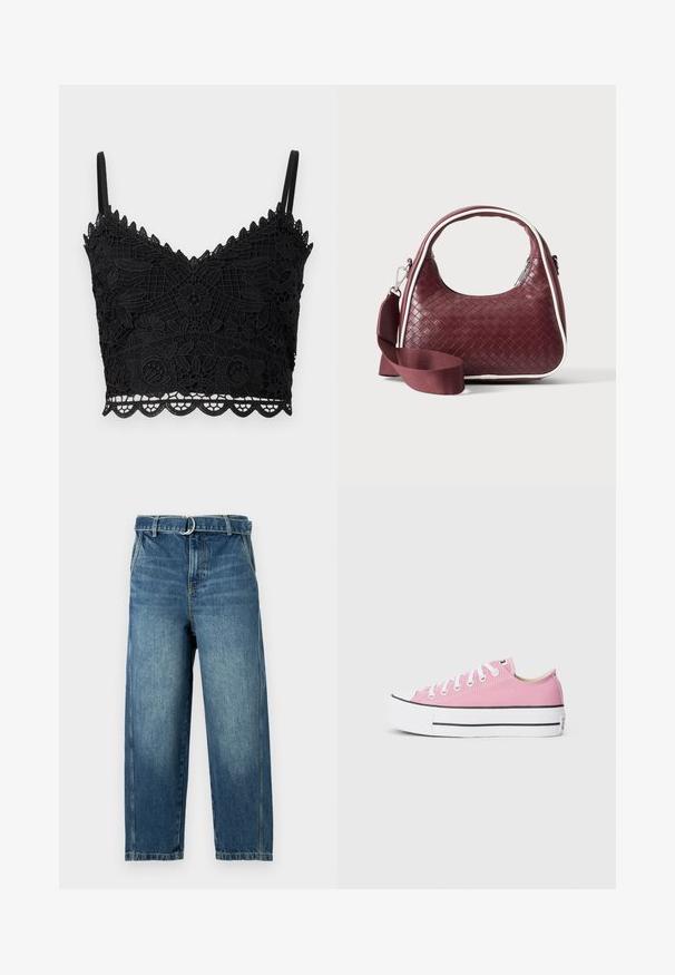 Μαύρο δαντελένιο bralette με ανθισμένο σχέδιο, κο scalloped άκρα, ρυθμιζόμενες τιράντες και υφή υφάσματος. Ελαφρύ και εφαρμοστό σχέδιο.; Μπλε τζιν παντελόνι με ψηλή μέση, φαρδιές γραμμές και θηλιές για ζώνη με μεταλλικό κρίκο. Διαθέτει ξεθώριασμα και διακριτικές ραβδώσεις στο ύφασμα.; Ροζ καμβα sneakers με κλασικό χαμηλό σχέδιο, λευκό καουτσούκ στη μύτη και μαύρες ρίγες ως διακοσμητικά στη σόλα. Λευκές επίπεδες κορδόνες.; Χειροποίητη καφέ δερμάτινη τσάντα με καμπυλωτή λαβή, λευκή επένδυση, ασημένιο φερμουάρ και αφαιρούμενο φαρδύ υφασμάτινο λουρί ώμου σε μονόχρωμο φόντο.