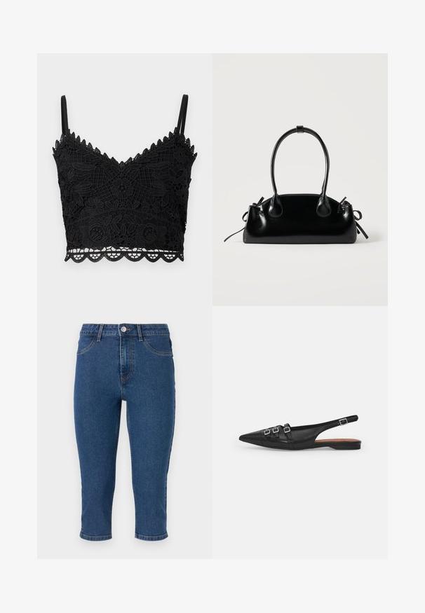Zwarte kant bralette met bloemenpatroon, gegolfde randen, verstelbare bandjes en gestructureerde stof. Lichtgewicht en nauwsluitend ontwerp.; Donkerblauwe denim capri-broeken met een hoge taille, vijf zakken en contrasterende stiksels. Bevat een enkele metalen knoop en een lichte tapering aan de zoom.; Zwarte leren slingback ballerina met spitse neus, voorzien van twee horizontale bandjes en vierkante zilveren gespen, lage hak en een gladde textuur.; Kleine zwarte glanzende handtas met twee lange hengsels en zijkant trekkoord details op een effen lichte achtergrond.