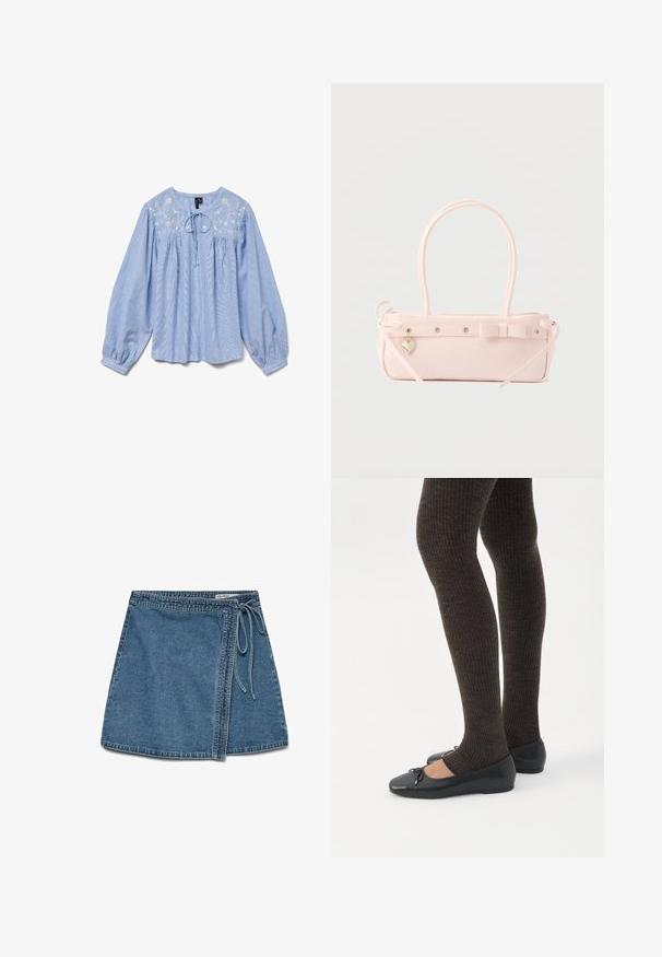 Lyseblå bluse med broderede blomsterdetaljer, lange ballonærmer, rund halsudskæring og en snor ved halsen, tekstureret stof.; Denim indigo omslagskørt i lys blå med et bånd i taljen, der har en lige pasform og en glat tekstur. Ingen synlige mønstre eller dekorationer.; Ben iført mørke ribbede leggings kombineret med sorte balletsko med små sløjfedetaljer på hvid baggrund.; Lyserød rektangulær håndtaske med dobbelte håndtag, dekorativ sløjfe, metalnitter og lille hjerteformet vedhæng på en ensfarvet baggrund.