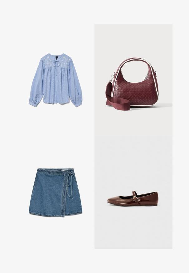 Lyseblå bluse med broderede blomsterdetaljer, lange ballonærmer, rund halsudskæring og en snor ved halsen, tekstureret stof.; Denim indigo omslagskørt i lys blå med et bånd i taljen, der har en lige pasform og en glat tekstur. Ingen synlige mønstre eller dekorationer.; Brun patentlæder balletflade med firkantet tå og strop med en lille guldbuckle. Glat tekstur, lav hæl og minimalistisk design.; Mørkerød vævet lædertaske med buet hank, hvid kant, sølv lynlås og aftagelig bred stofskulderrem mod en ensfarvet baggrund.