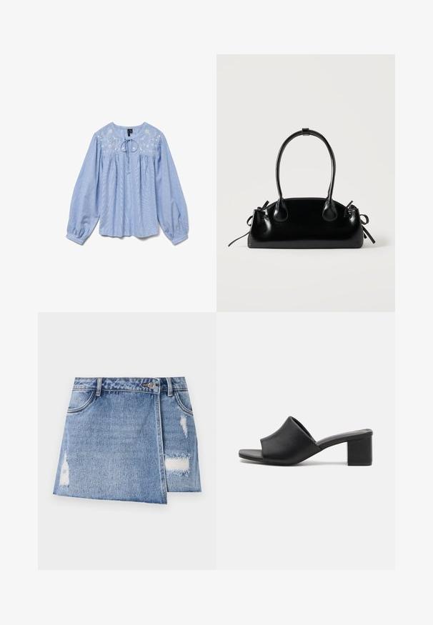 Lyseblå bluse med broderede blomsterdetaljer, lange ballonærmer, rund halsudskæring og en snor ved halsen, tekstureret stof.; Lysblå denim miniskørt med slidte områder og distressed detaljer. Har en frontknaplukning og traditionelt fem-lommer design.; Sorte læder mules med blokhæl og åben tå, med en glat overflade og let buet overdelsdesign for komfort og stil.; Lille sort blank håndtaske med to lange håndtag og snøre-detaljer i siden på en ensfarvet lys baggrund.