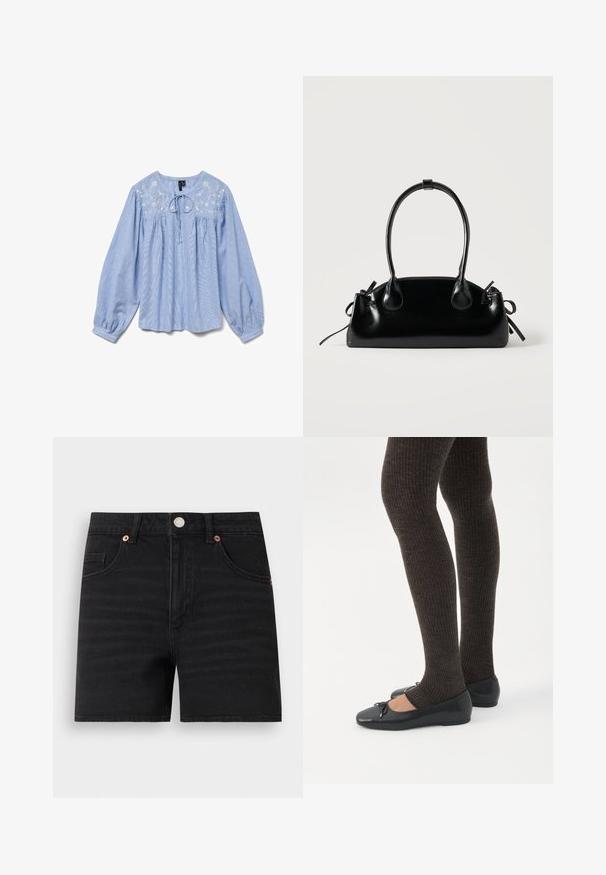 Lyseblå bluse med broderede blomsterdetaljer, lange ballonærmer, rund halsudskæring og en snor ved halsen, tekstureret stof.; Sorte denimshorts med knaplukning foran, bæltestropper, to forlommer og en lille møntlomme, vist fladt på hvid baggrund.; Ben iført mørke ribbede leggings kombineret med sorte balletsko med små sløjfedetaljer på hvid baggrund.; Lille sort blank håndtaske med to lange håndtag og snøre-detaljer i siden på en ensfarvet lys baggrund.