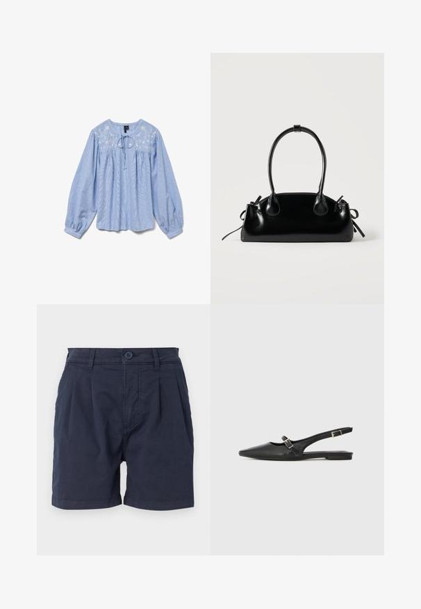 Lyseblå bluse med broderede blomsterdetaljer, lange ballonærmer, rund halsudskæring og en snor ved halsen, tekstureret stof.; Mørkeblå shorts lavet af vævet stof, med en frontknaplukning, plisseret design og sidelommer. Ren kant ved benåbningerne.; Sorte læder slingback-sko med spids tå, med en smal rem og en sølvspænde-detalje på siden. Flad sål.; Lille sort blank håndtaske med to lange håndtag og snøre-detaljer i siden på en ensfarvet lys baggrund.