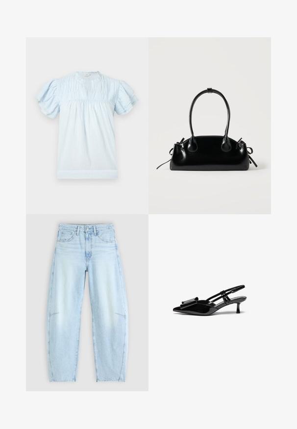 Lyseblå bluse med korte ærmer med flæser, rynket halsudskæring og løs pasform.; Lyseblå denimjeans med en afslappet pasform, der har høj talje, fem-lommers design og subtilt slid med frynset kant.; Sorte patenterede læderslingbacks med spids tå, en sløjfedetalje foran og en lille stilettohæle. Remmene har justerbare spænder.; Lille sort blank håndtaske med to lange håndtag og snøre-detaljer i siden på en ensfarvet lys baggrund.