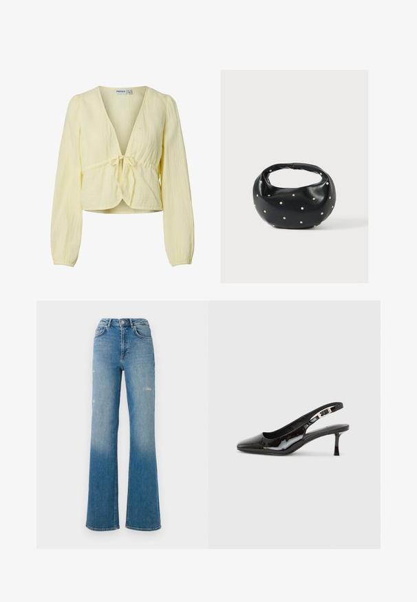 Lichtgele blouse met lange mouwen, v-hals, striksluiting aan de voorkant en een gestructureerde stof. De zoom is iets verkort. Geen persoon zichtbaar.; Hoge taille blauwe denim jeans met lichte slijtage op de dijen, vijf zakken stijl, en een uitlopend pasvorm.; Zwarte slingback schoen van lakleer met spitse neus, zilveren gesp en een middelhoog kittenhak op een effen lichte achtergrond.; Zwarte leren handtas met een afgeronde vorm, versierd met zilveren studs, en een korte handgreep. Gladde textuur en ritsluiting.
