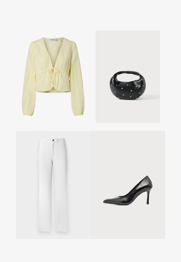 Blouse jaune clair à manches longues, col en V, fermeture avec nœud devant, et tissu texturé. L’ourlet est légèrement court. Aucune personne visible.; Pantalons blancs à jambes droites avec une fermeture à bouton doré, un devant plat et une texture de tissu lisse. Aucun motif ni embellissement visible.; Chaussure à talon haut pour femme en cuir verni noir avec bout pointu et talon fin sur fond clair uni.; Sac à main en cuir noir de forme arrondie, décoré de clous argentés et équipé d'une poignée courte. Texture lisse et fermeture éclair.