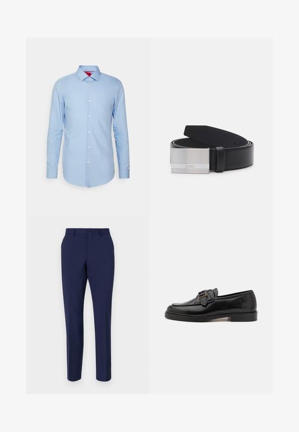 Lichtblauw langemouwen shirt van katoen. Voorzien van een button-down kraag en een voorflap met witte knopen. Glad textuur, slim fit.; Navyblauwe op maat gemaakte broeken van gladde stof, met een slanke pasvorm, een platte voorkant en een standaard tailleband met riemlussen.; Zwarte leren instappers met een ronde neus en een decoratieve gesp. Platte, stevige hak en een gladde textuur overal.; Zwarte leren riem met een rechthoekige zilveren metalen gesp met een geborstelde afwerking en een gegraveerd logo, die een strakke en moderne uitstraling biedt.