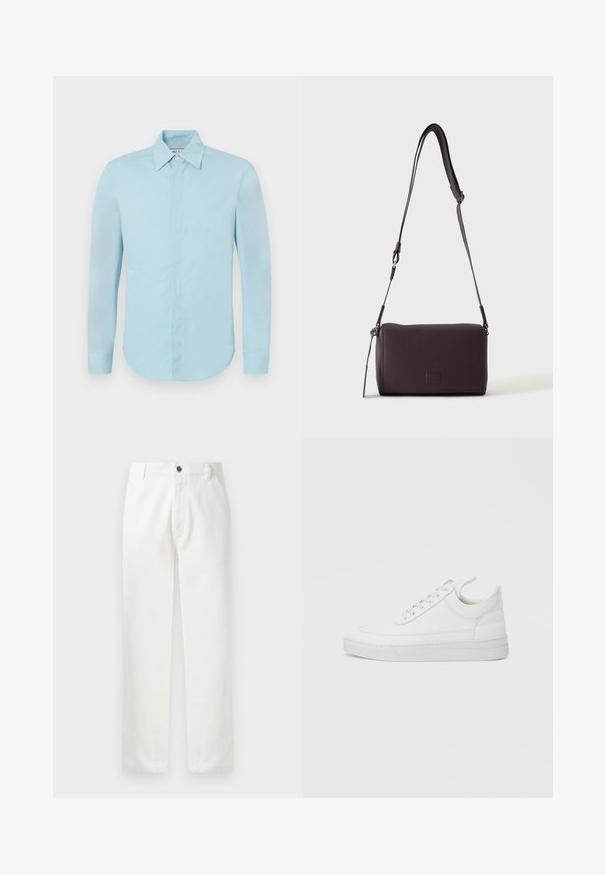Paul & Joe COSMA - Hemd - bleu; Weiße Baumwollhosen mit geradem Schnitt, seitlichen Taschen, einer Metallknopfverschluss und dezenten Stickdetails an den Nähten.; Weißer Ledersneaker mit abgerundetem Zehenbereich, flacher Sohle und Schnürverschluss. Verfügt über Nahtdetails und einen gepolsterten Kragen für zusätzlichen Komfort.; Dunkelbraune, strukturierte Leder-Crossbody-Tasche mit verstellbarem Riemen und kleinem dekorativen blauen Akzent an der Seite.