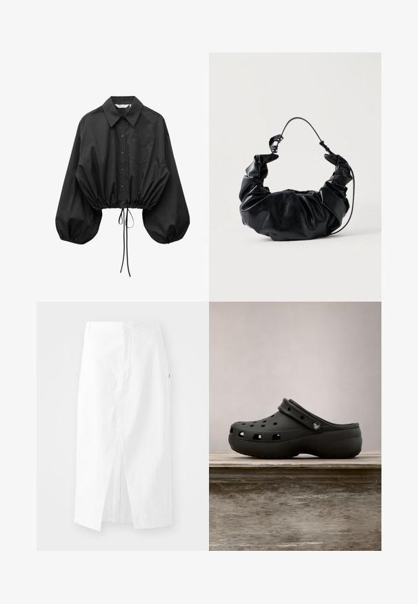 Sort knappet bluse med oversize ballonærmer, enkelt brystlomme og justerbar snøre ved taljen.; Hvid midi-skjørt i bomuld med lige snit, sideslids og skjult lynlås. Glat tekstur, minimalistisk design og ingen synlige udsmykninger.; Sort gummiklæde med ventilationshuller, hævet hæl, rygrem og tekstureret sål. Glat overflade med et minimalistisk design.; Sort faux læder handbag med et blødt, samlet design og et fleksibelt håndtag, der fremviser en glat tekstur og en subtil glans.