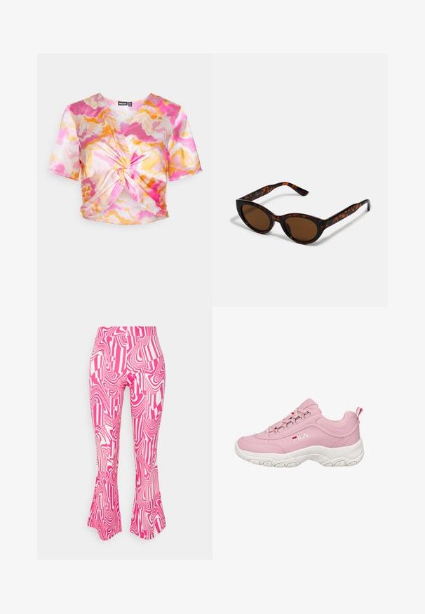Pieces PCKERRA - Bluse - pink lady/graphic; Noisy May Petite NMLAILA PASA PANTS - Bukser - pink; Rosa sneakers med en glat syntetisk overdel, hvid gummisål, snøre-design og FILA-logo på siden. Har en pull-tab ved hælen.; Brune skildpadde solbriller med en vintage katteøje-form og brune linser. Har buede arme med røde detaljer.
