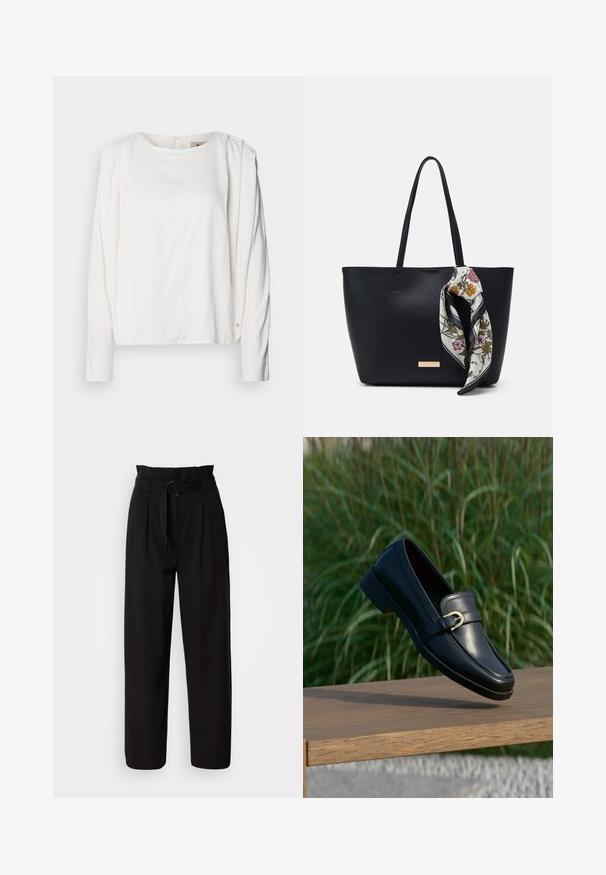 Chemisier blanc à manches longues avec un col arrondi, en tissu doux, doté de plis subtils sur les épaules et d'un petit accent doré près du poignet.; Pantalon noir taille haute à jambes larges, avec plis avant et une ceinture en tissu avec une boucle circulaire. Texture lisse et design ajusté.; Mocassin en cuir noir avec détail de boucle dorée flottant au-dessus d'un banc en bois, herbe verte floue en arrière-plan.; Sac fourre-tout en cuir noir avec deux poignées, orné d'une écharpe en soie florale attachée à la poignée et d'un accent logo métallique à l'avant.