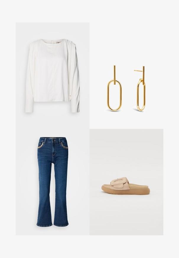 Weißes Langarmbluse mit rundem Ausschnitt, weichem Material, subtilen Falten an den Schultern und einem kleinen goldenen Akzent nahe dem Bündchen.; Dunkelblaue ausgestellte Jeans mit einer glatten Denim-Oberfläche, kontrastierender goldener Naht und Akzenten an den Fronttaschen. Klassisches Fünf-Taschen-Design.; Beige Wildledersandale mit gepolstertem Fußbett, abgerundetem Zehenbereich, leicht erhöhter Sohle und einem dekorativen Riemen mit silbernem Akzent.; Ohrringe mit goldfarbener Beschichtung, die ein geometrisches verknüpftes Design mit einem langen vertikalen Stab aufweisen. Glatte, polierte Oberfläche. Eleganter und minimalistischer Stil.
