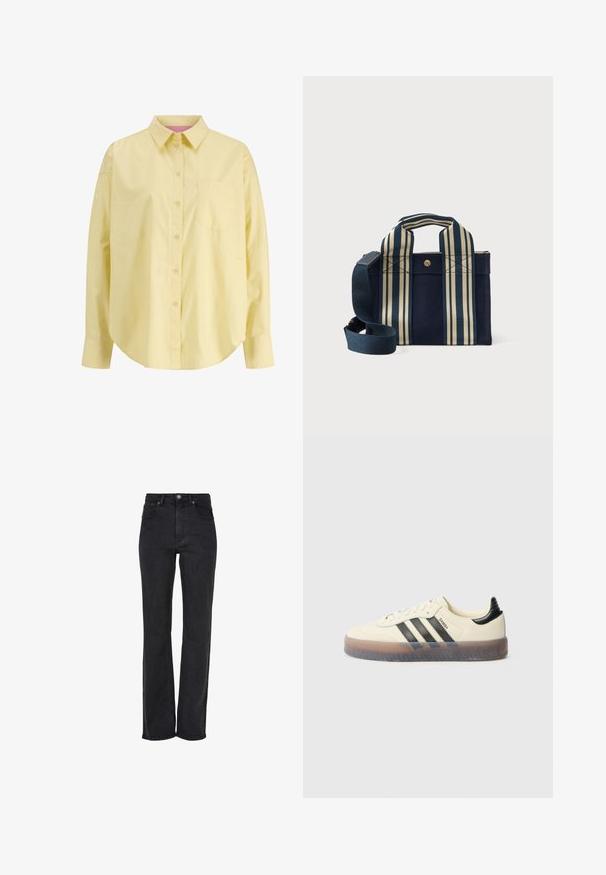 Lysegul, langærmet skjorte med knapper, enkelt brystlomme, klassisk krave og buet kant, vist på en hvid baggrund.; Sorte straight-leg jeans, højtaljede, lavet af denim, med en frontlukning med knap og fem-lomme design med subtile syninger.; Beige sneakers med tre sorte striber, rund tå, tekstureret gummisål og glat overdel. Har polstret hæl og minimal branding.; Lille navy blue tote bag med brede, vertikale cremefarvede og navy stribede håndtag samt en justerbar navy skulderrem, sat mod en hvid baggrund.
