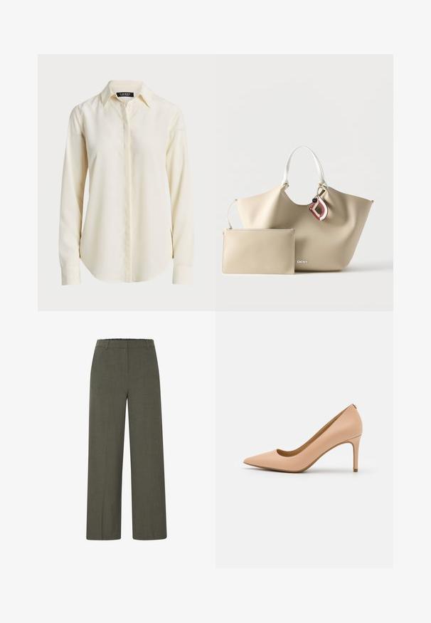 Chemise à manches longues crème clair avec un col pointu, un devant à boutons et une texture lisse ; présente un ourlet arrondi et une coupe ajustée.; Pantalons à jambes larges en tissu vert olive foncé, dotés d'une taille douce et d'une texture lisse avec des détails de couture minimes.; Escarpin nude en cuir à talons hauts, à bout pointu, avec une texture lisse et un talon fin. Design minimaliste avec un décolleté bas.; Sac fourre-tout beige DKNY avec anses blanches, une pochette assortie amovible et un accessoire porte-clés rouge et blanc.