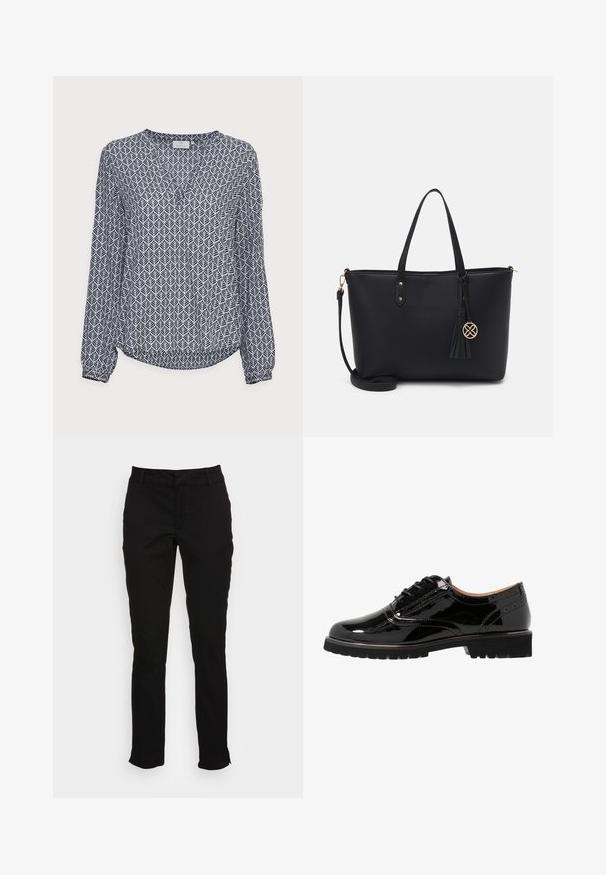 T-shirt à manches longues en blanc et bleu marine avec un motif géométrique de feuilles. Tissu doux, décolleté en V et ourlet légèrement arrondi. Manches à poignet.; Pantalons en coton noir avec une coupe slim, jambes droites, passants de ceinture et poches avant. Texture lisse avec des détails de couture subtils.; Chaussures à lacets en cuir verni noir avec un bout rond, des détails en brogue, une semelle en caoutchouc et une finition texturée. Accentué par de petits œillets.; Sac fourre-tout en cuir noir avec une surface texturée, deux poignées, accessoires en or, accent pompon et une bandoulière amovible.