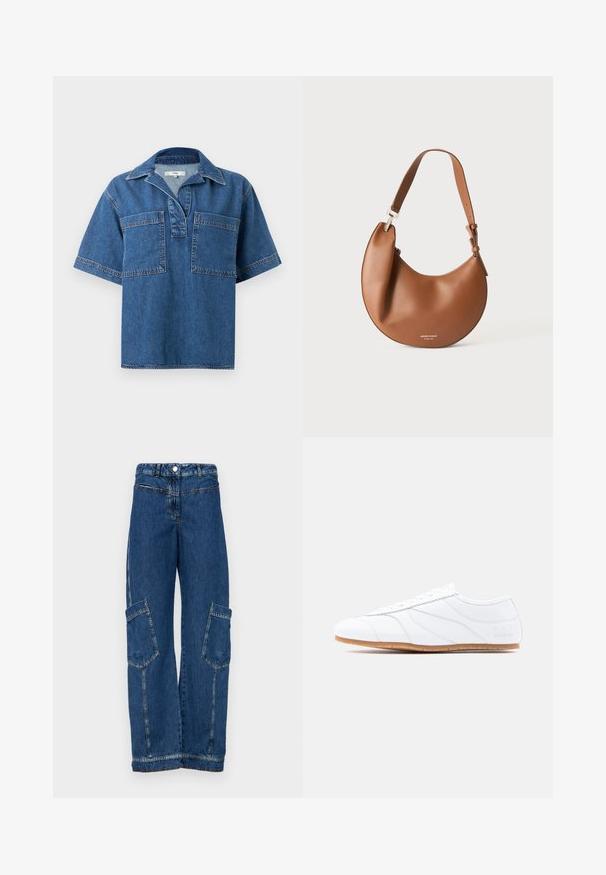 Kortekleurige denim overhemd in medium blauw, met een kraaghals, twee voorzakken en contrasterende stiksels. Ontspannen pasvorm en afgeronde zoom.; Blauwe denim cargo broek met een hoge taille, wijde pijpen, twee grote zijzakken en traditionele klinknagel- en stikdetails.; Witte lage sneaker met vetersluiting, glad leren bovenwerk, subtiele gestikte panelen en lichtbruine rubberen zool.; Bruine leren schoudertas in halvemaanvorm met verstelbare riem en kleine zilveren logotekst onderaan in het midden.