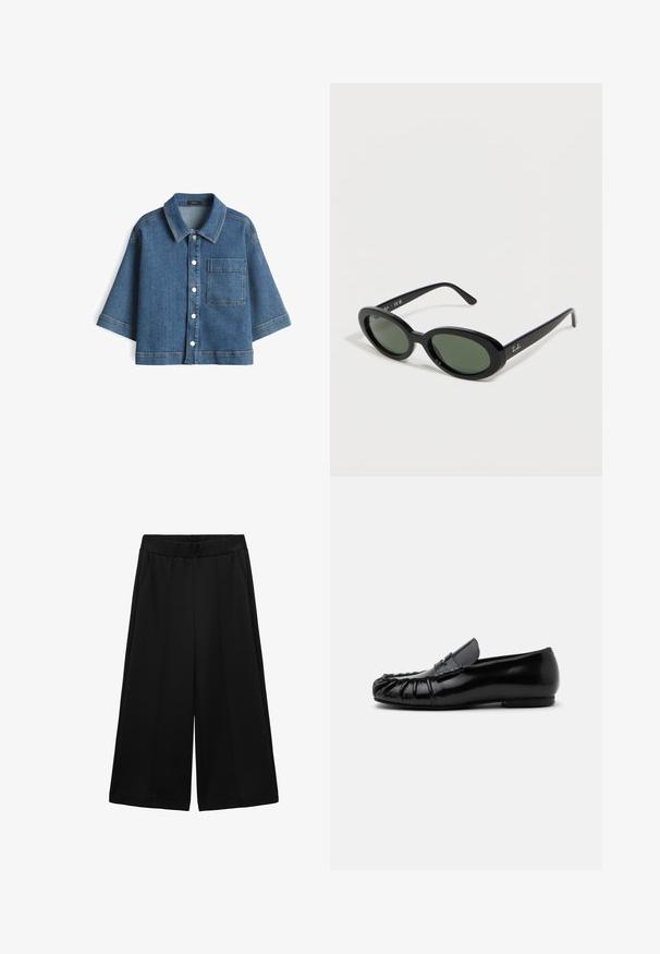 Korte mouwen denimjack in medium blauw, met een knoopsluiting aan de voorkant, klassieke kraag, borstzak en contrasterende stiksels. Gestructureerde vorm.; Zwarte wijde broek gemaakt van gestructureerde stof, met zijzakken en een gladde tailleband, ontworpen voor een ruime pasvorm.; Zwarte glanzende leren loafer met mocassin stiksels en een instapmodel op een effen witte achtergrond.; Zwarte ovale Ray-Ban-zonnebril met groen getinte glazen en slanke pootjes, schuin geplaatst op een witte ondergrond.