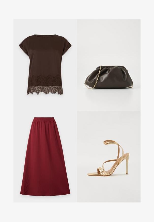 Brun kortærmet top i glat stof med detaljeret blonderkant langs nederste kant og rund halsudskæring.; Bordeaux maxi nederdel med elastisk talje, der har et glat, flydende stof og et enkelt, uprydet design.; Even&Odd by Zalando Sandaler - gold; Brun læderhandtaske med en sammensnøring, guld kædestrop og blød, struktureret overflade. Kompakt form velegnet til aftensbrug.