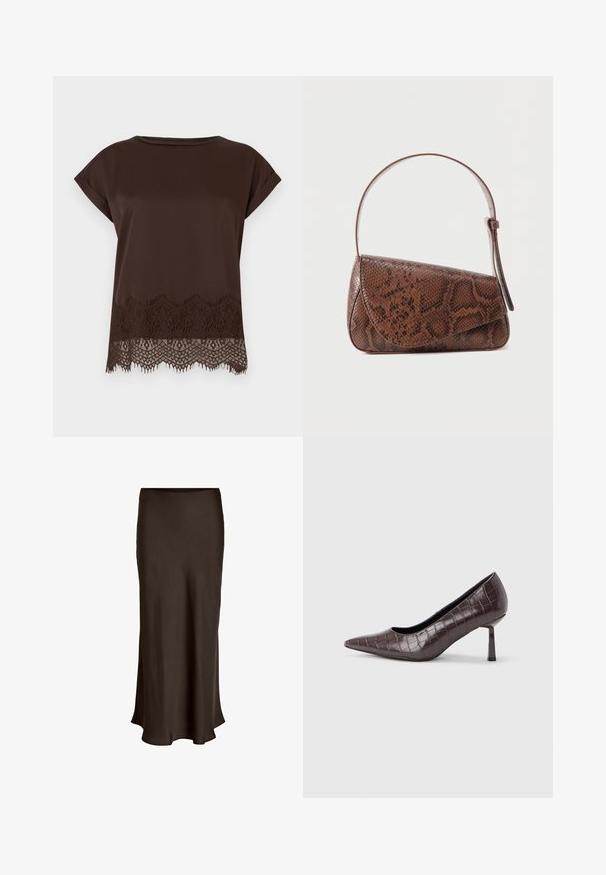Braunes Kurzarmoberteil aus glattem Stoff, mit kunstvoller Spitzenverzierung entlang des unteren Saums und einem abgerundeten Ausschnitt.; VILA VIELLETTE HW MIDI SKIRT - NOOS - Maxirock - coffee bean; Braune Pumps mit spitz zulaufender Spitze aus Kunstleder in Krokodiloptik, mit schlankem, eckigem Absatz und glatter Innenfütterung.; Braune Schultertasche aus Leder mit Schlangenledermuster, Klappverschluss und einem verstellbaren Riemen vor einfarbigem Hintergrund.